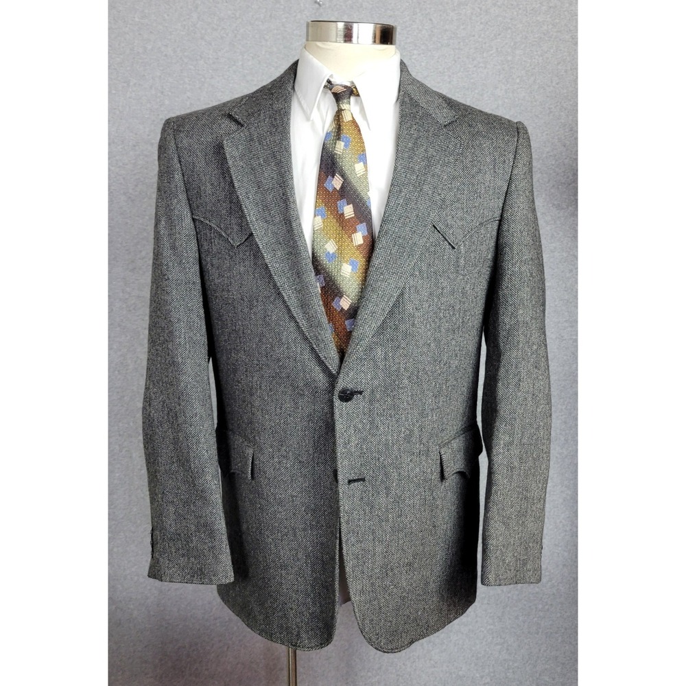 Circle S Mens Gray Herringbone Western Sport Coat Elbow Patches Wool Silk 44L